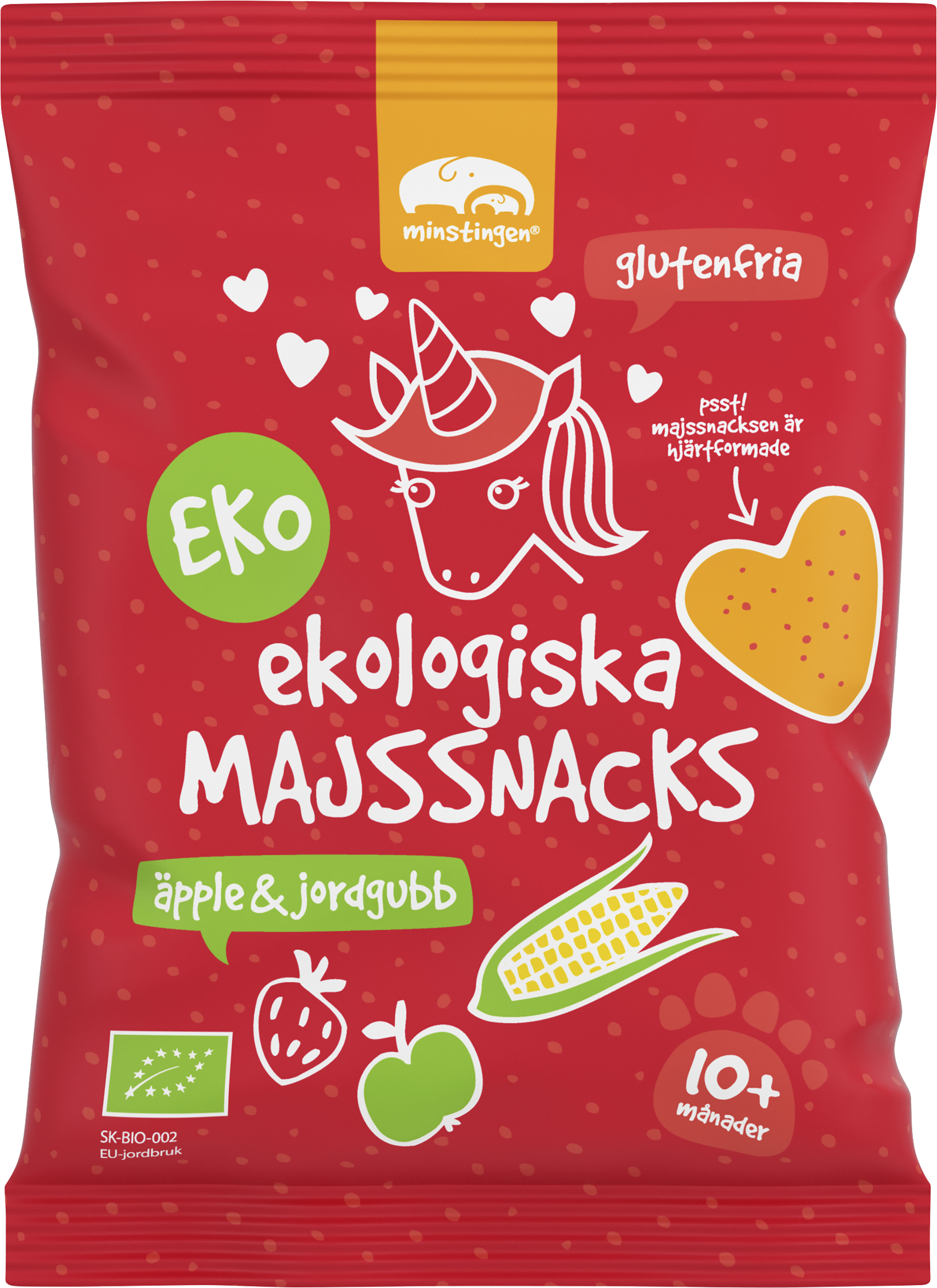 Ekologiska och glutenfria majssnacks äpple jordgubb