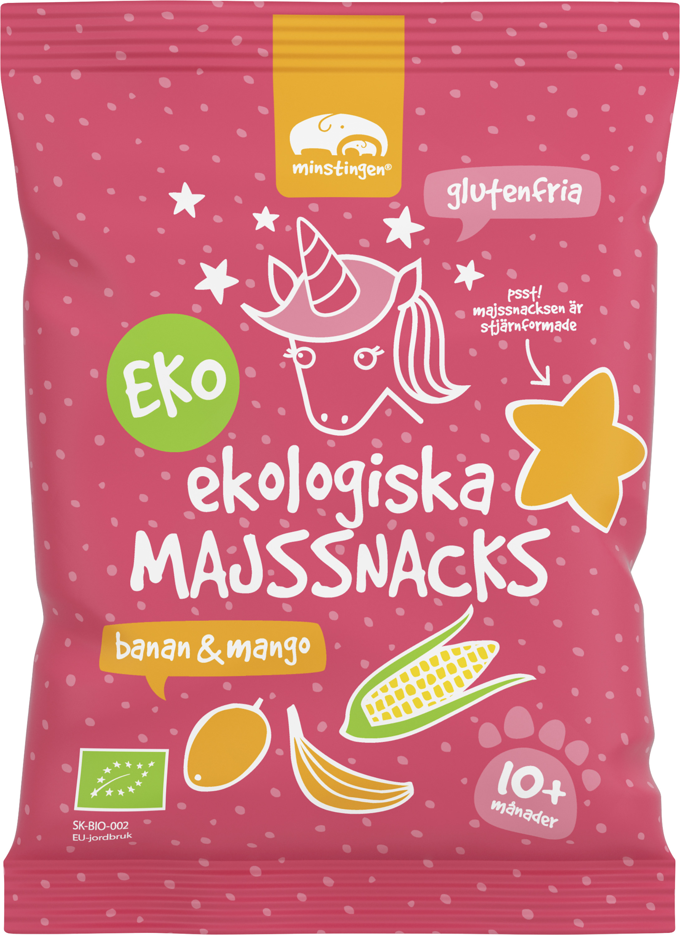 Ekologiska och glutenfria majssnacks banan mango